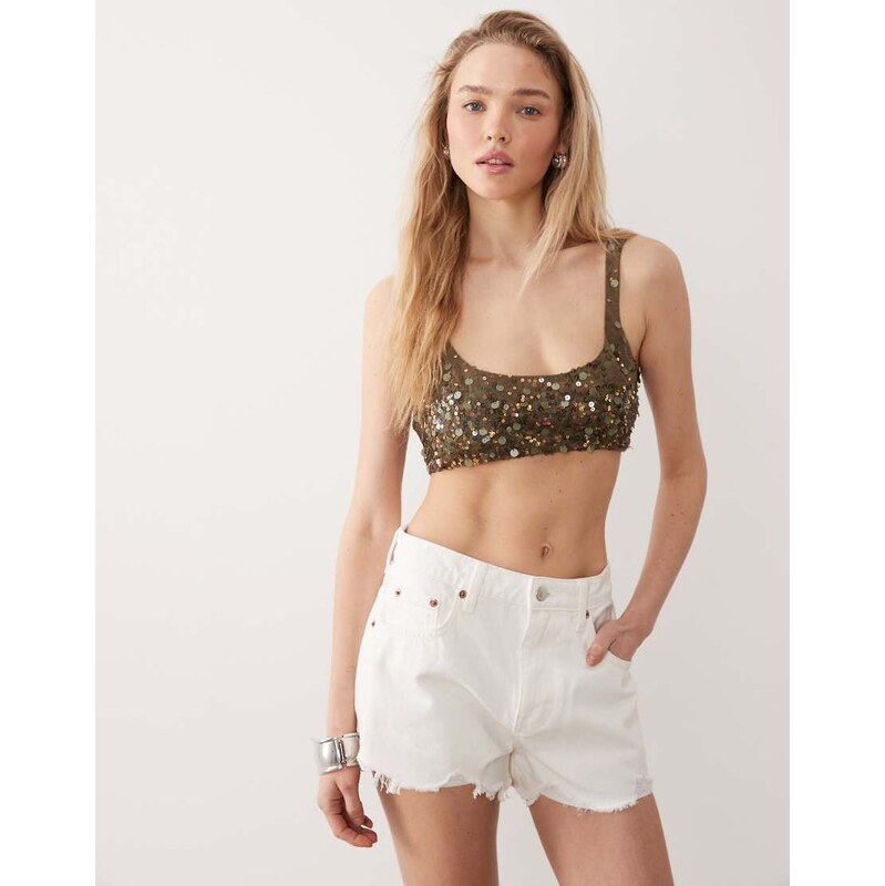 Miss Selfridge beach premium sequin bra top in olive-Green