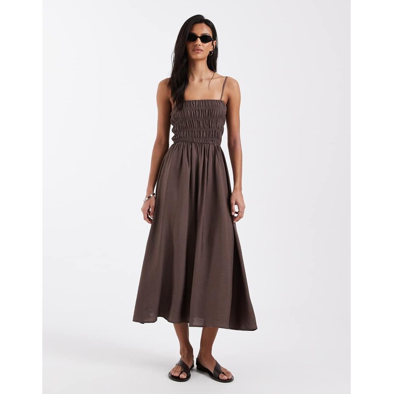 Brave Soul strappy shirred sundress in brown 114385130