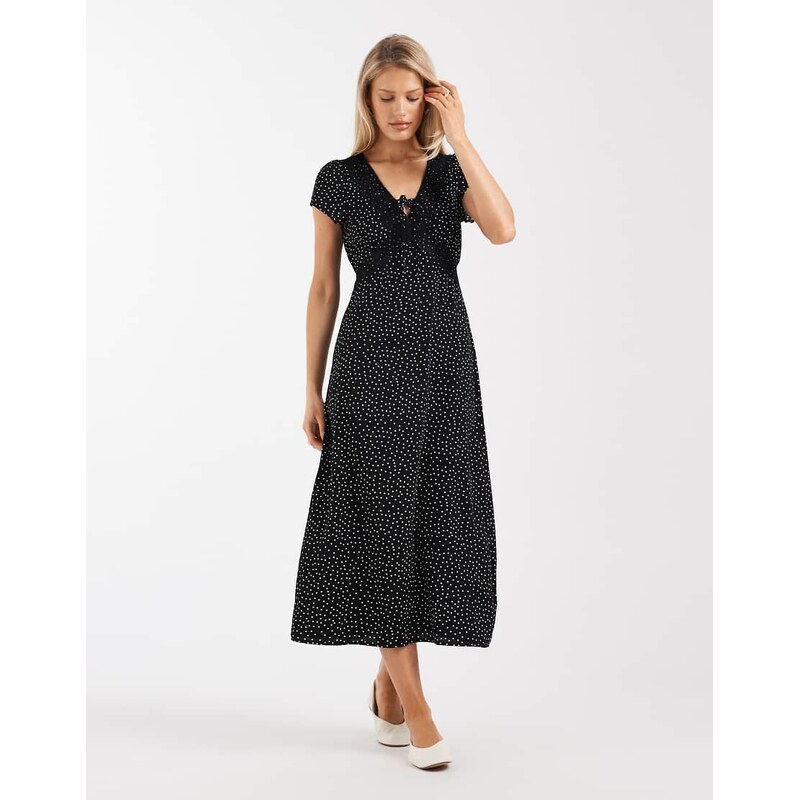 Brave Soul tie front midi dress with lace detail in black polka dot 114157231