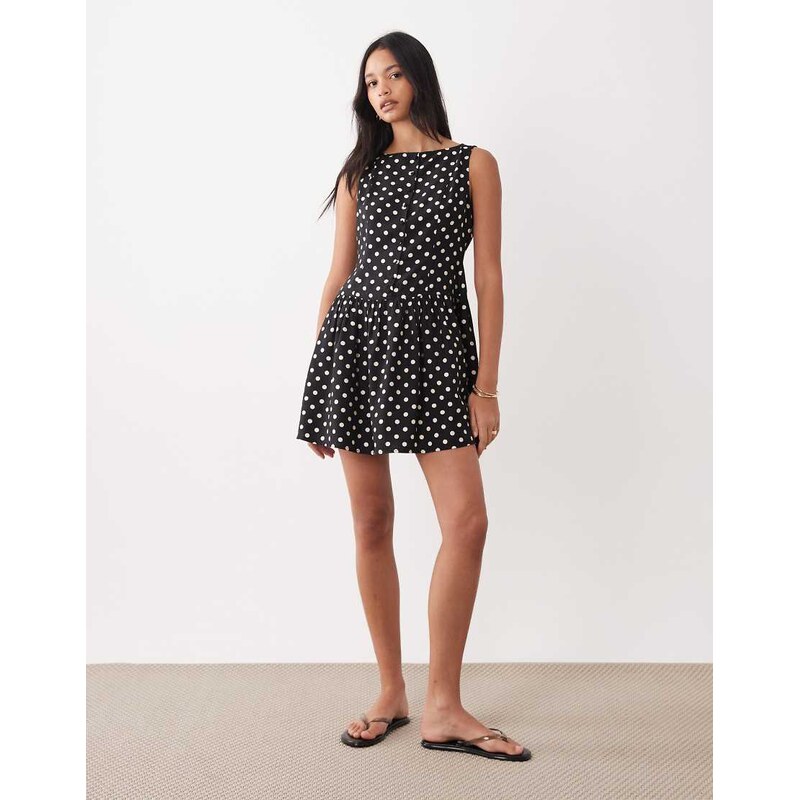 Brave Soul slash neck button down dropped waist mini dress in mono 114154531
