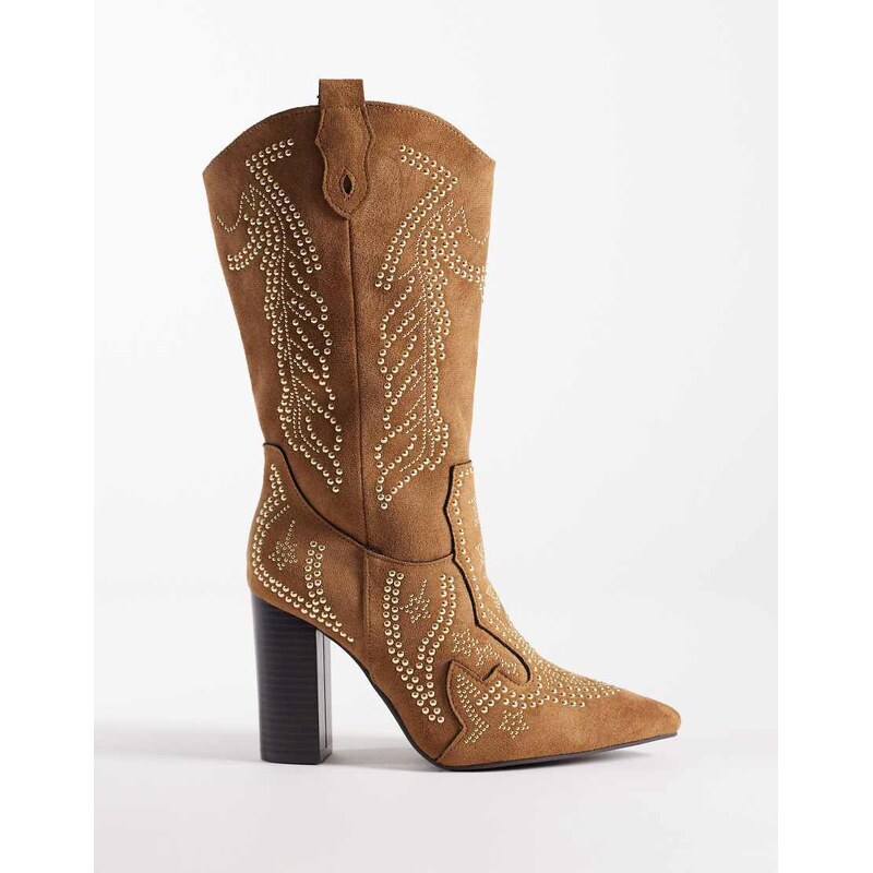 SEQWL Embelished Western Knee Boots in tan micro-Brown
