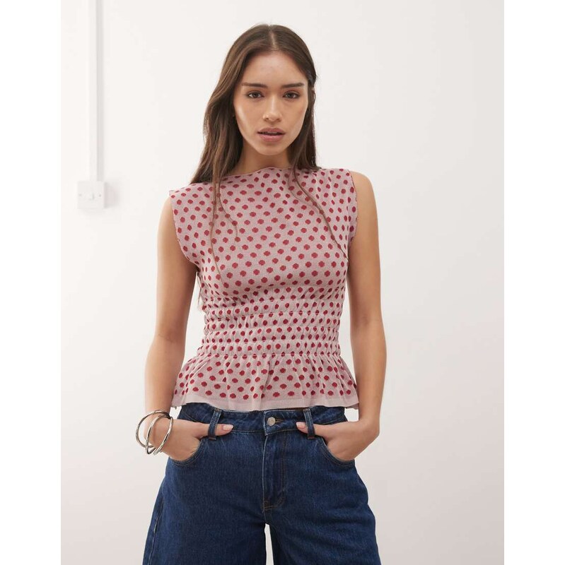 COLLUSION polka dot shirred vest top in red