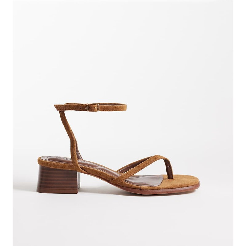 SEQWL Wide Fit low block heeled sandal in tan micro-Brown 114339361