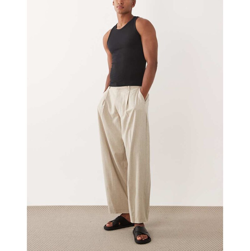 ASOS DESIGN smart barrel leg trousers in stone linen look