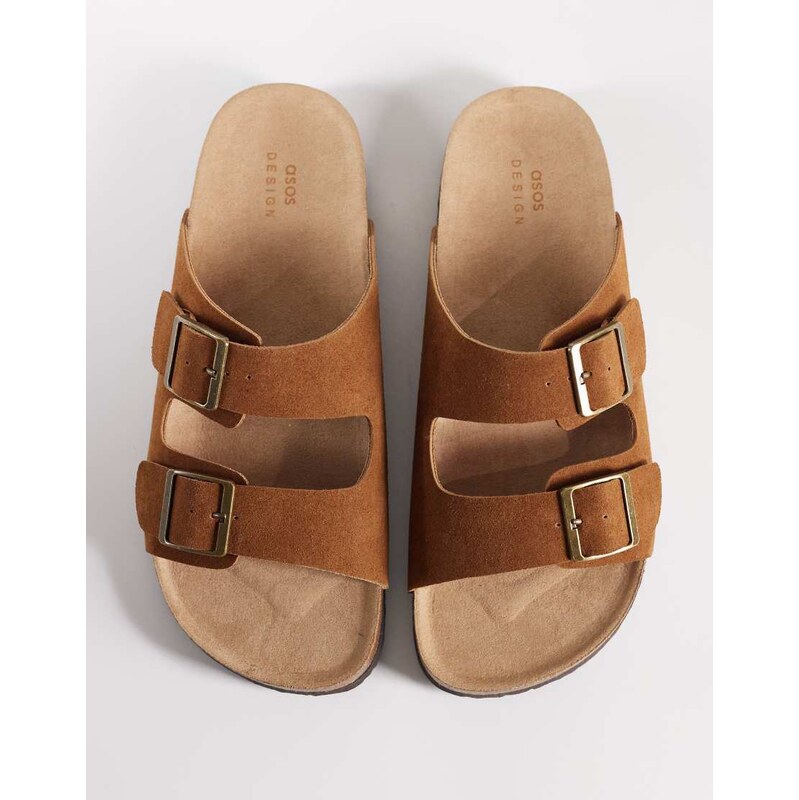 ASOS DESIGN two strap sandals with cork sole in tan bonded suede