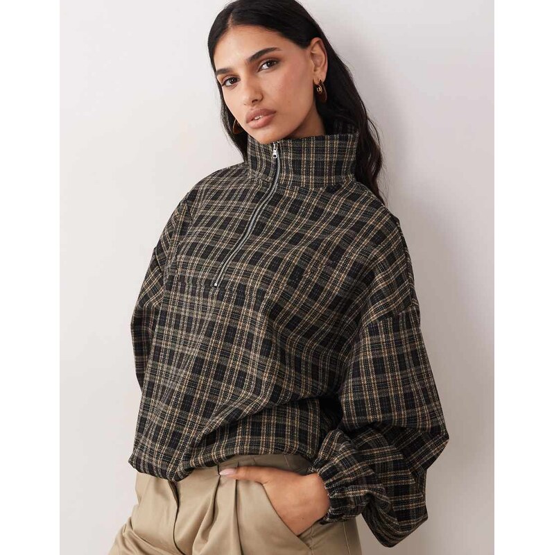ASOS DESIGN brushed half zip windbreaker jacket in brown check