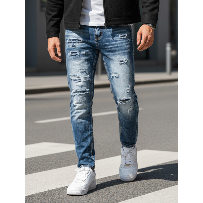 BASIC Modré pánské stylové džíny Denim vzor