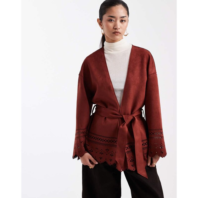Miss Selfridge faux suede cut work jacket in burgundy-Brown 114088816