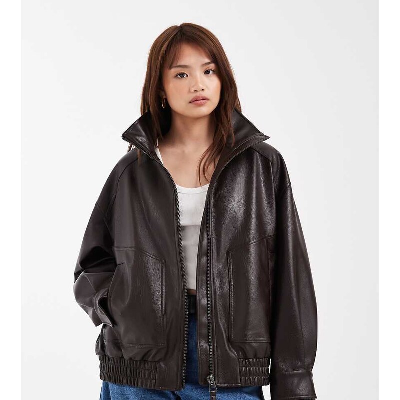 ASOS Petite ASOS DESIGN Petite oversized leather look funnel bomber 114088953