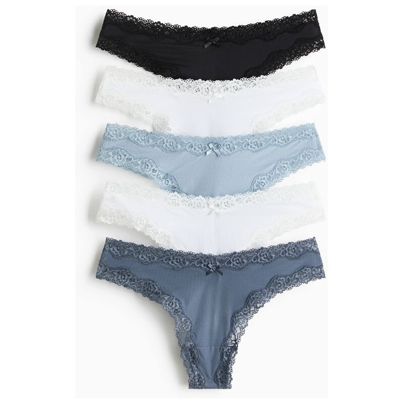 H&M - Kalhotky brazilian z mikrovlákna a krajky 5 kusů - modrá 113765034