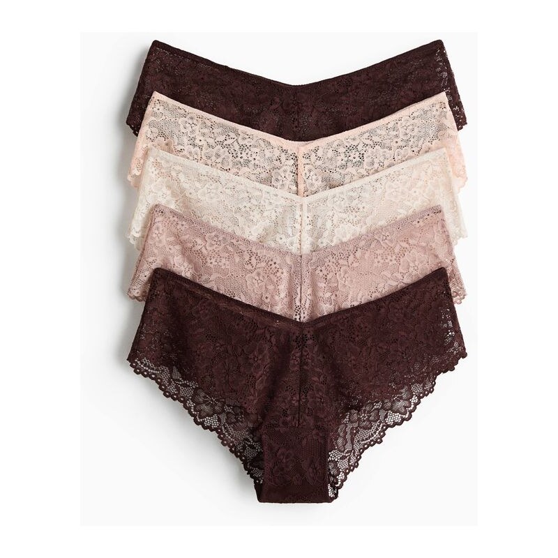 H&M - Krajkové kalhotky hipster 5 kusů - hnědá 113765042