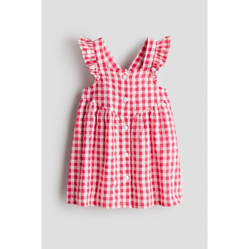 H&M - Bavlněné šatys volánky - Malinově Růžová/Kostka