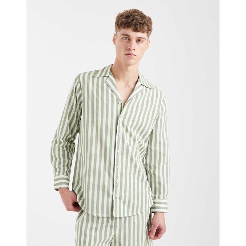 Sol Beach beach shirt co-ord in green and white stripe