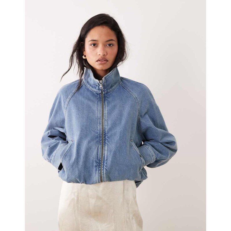 ARKET denim high neck bomber jacket in blue 113880488