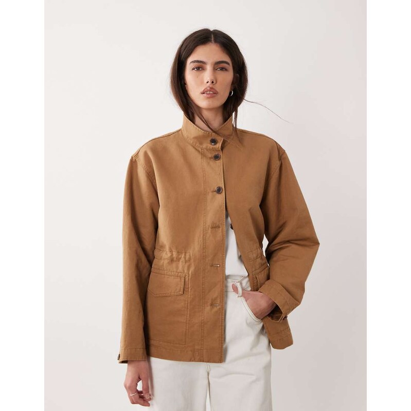 ARKET linen mix washed overshirt with front pockets in dark beige 113880542