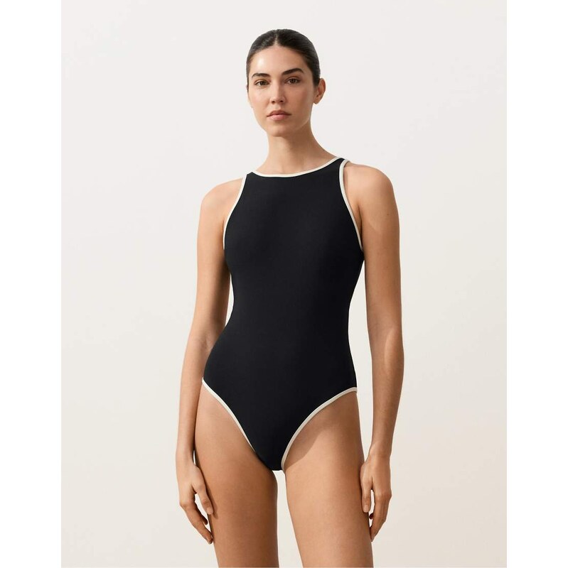 OYSHO Contrast trim halterneck swimsuit in black