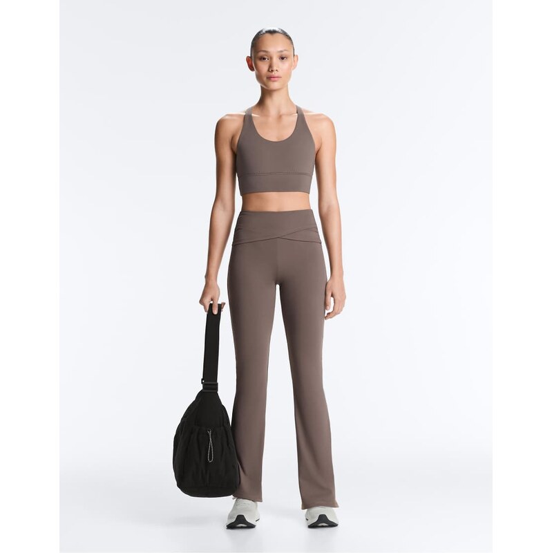 OYSHO Draped waist comfortlux high rise flare trousers in taupe-grey 113880693