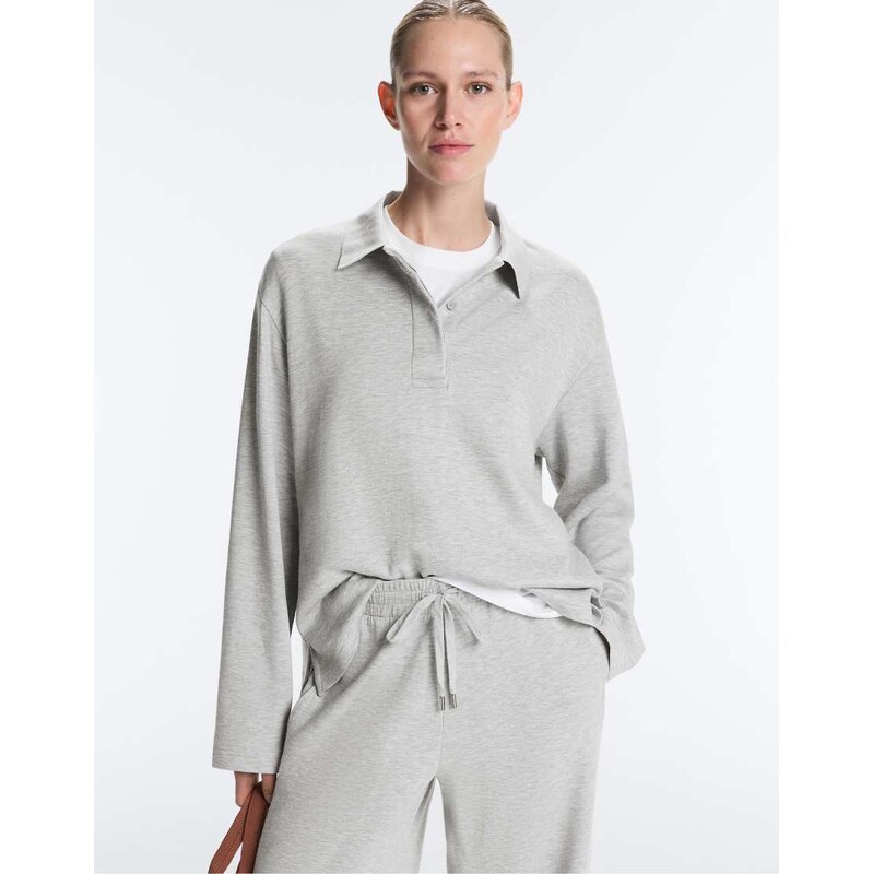 OYSHO Mélange piqué long-sleeve polo shirt in grey melange 113880716