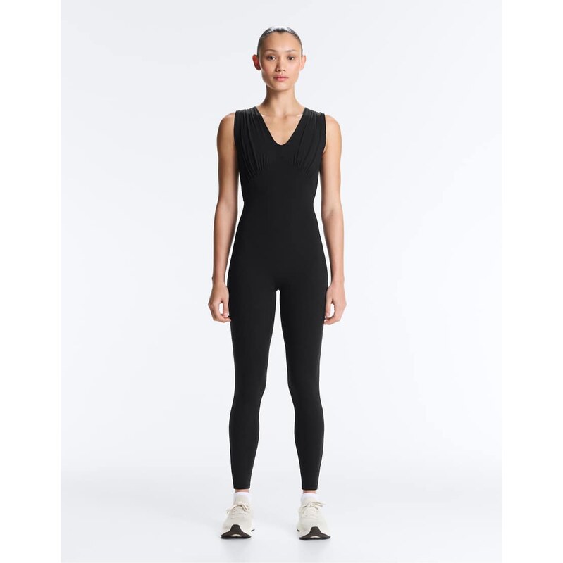 OYSHO Light touch v-neck long jumpsuit in black