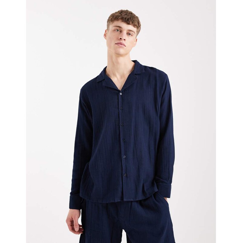 Sol Beach waffle long sleeve beach shirt co-ord in navy