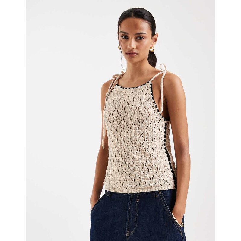 AWARE crochet halterneck vest in cream with black contrast trim-White 113881664