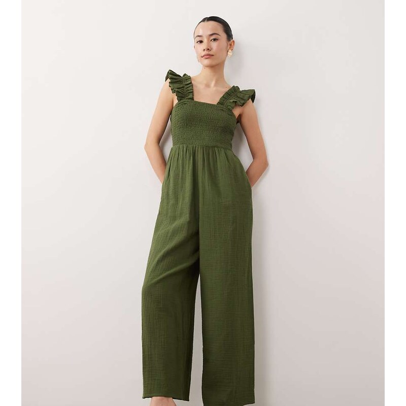 Nobodys Child Petite Maya ruffle detail square neck jumpsuit in