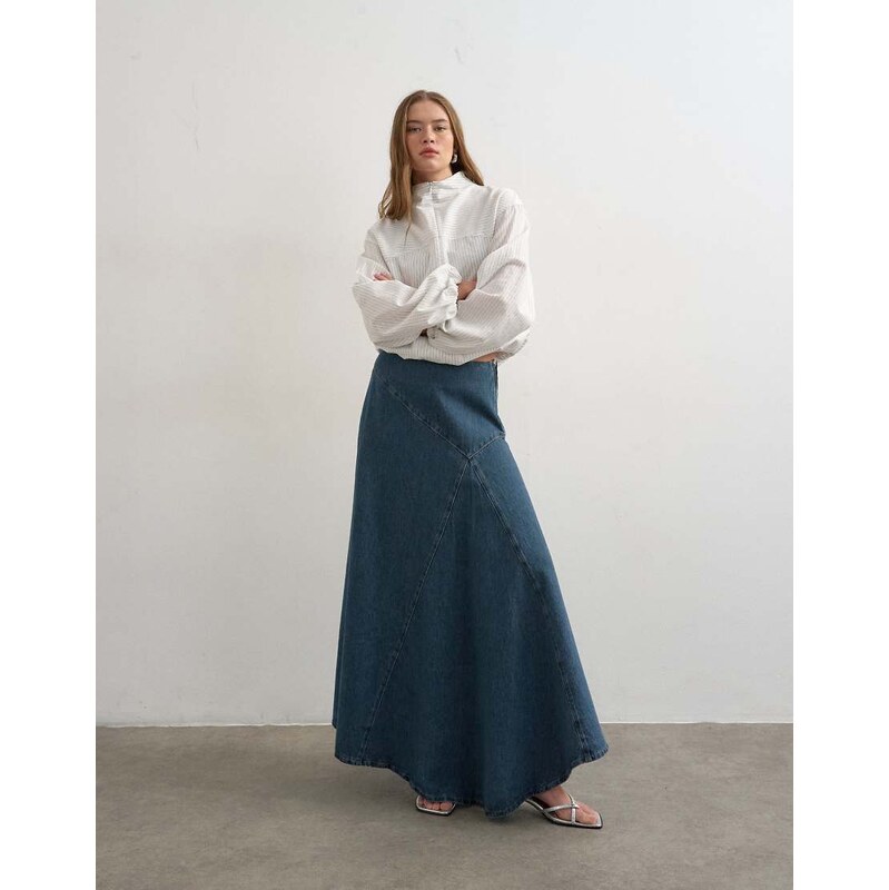 Topshop denim asymmetric dropped waist maxi skirt in blue grey