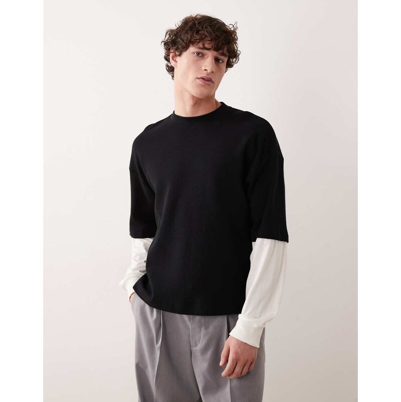 ASOS DESIGN oversized long sleeve t-shirt in black waffle