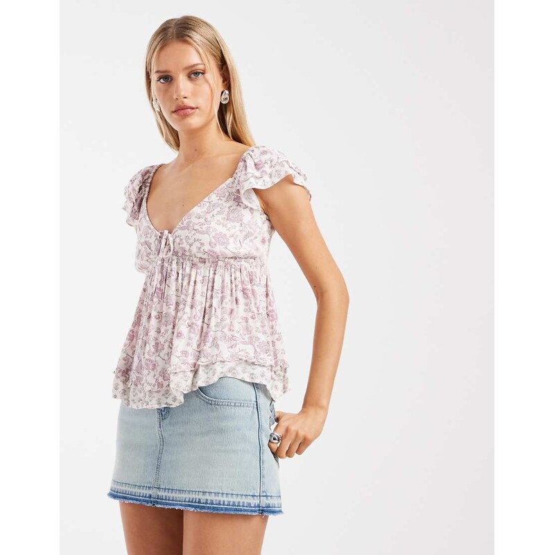 Hollister handkerchief boho babydoll top in pink floral-White 113885320