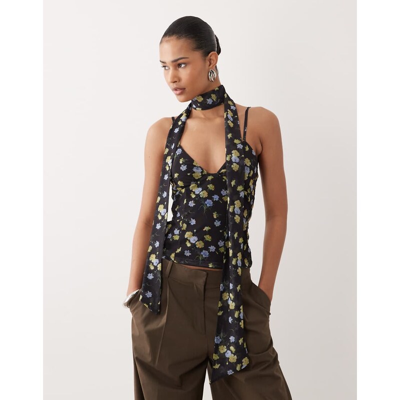ASOS DESIGN printed mesh cami top with scarf detail in floral