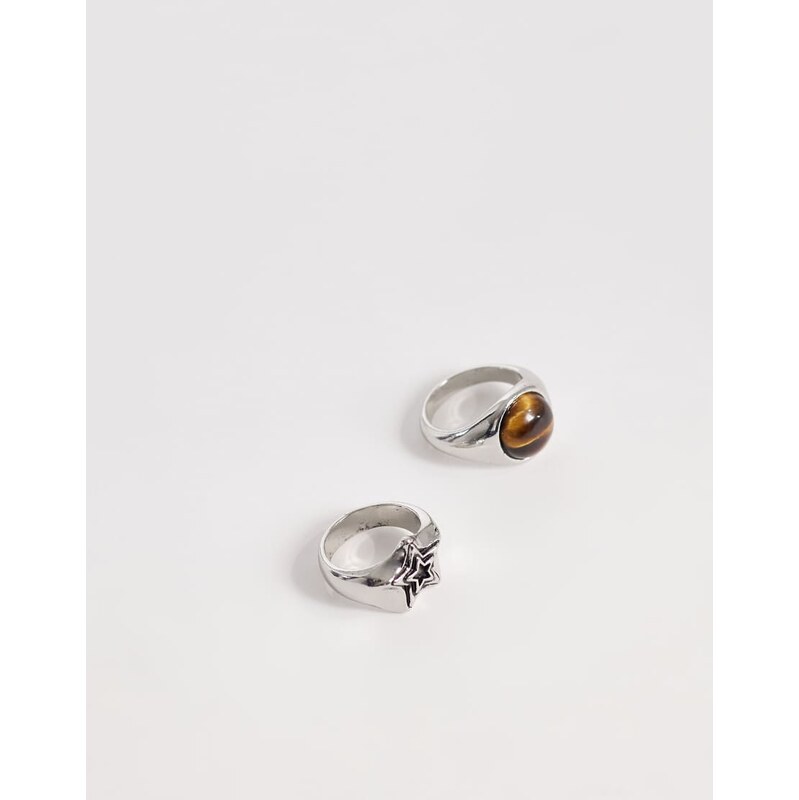 ASOS DESIGN 2 pack semi-precious tigers eye and star signet ring in 113880531