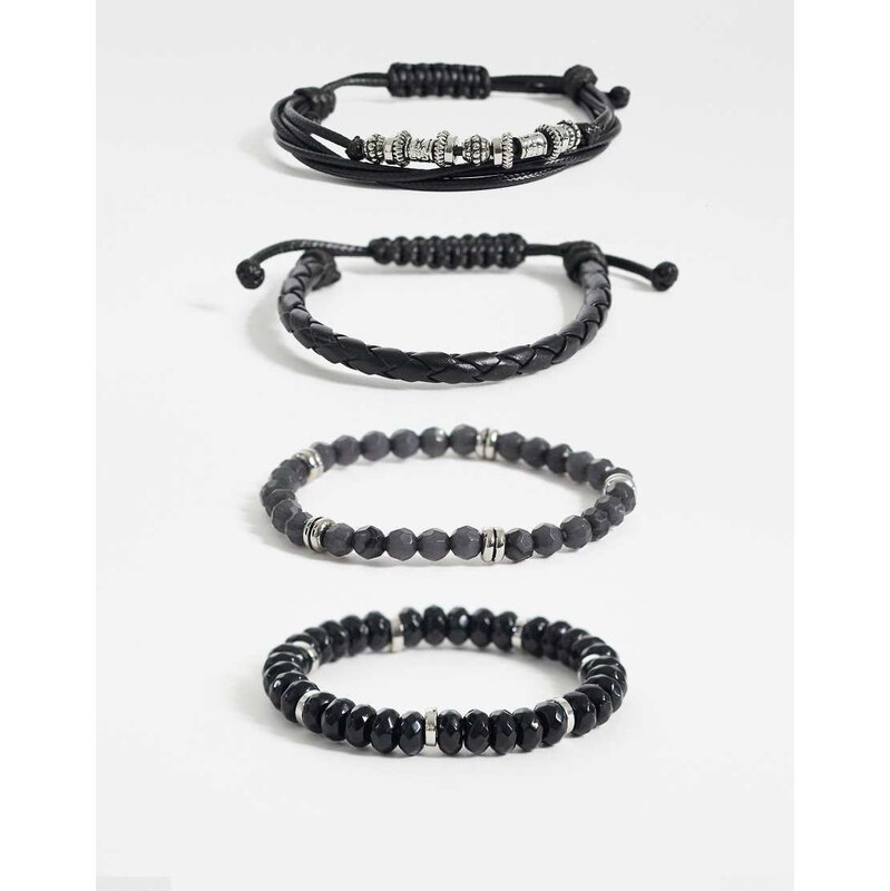 ASOS DESIGN 4 pack faceted bead and fabric bracelet in black 115522524