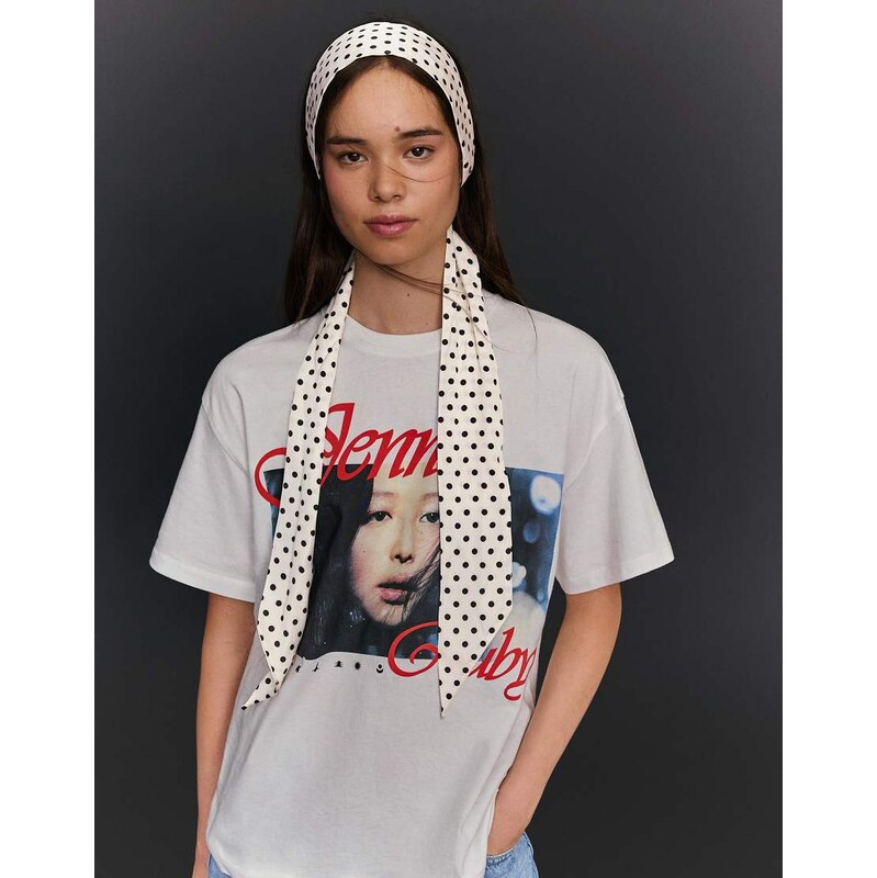 Bershka Polka dot cravat scarf in ecru-White