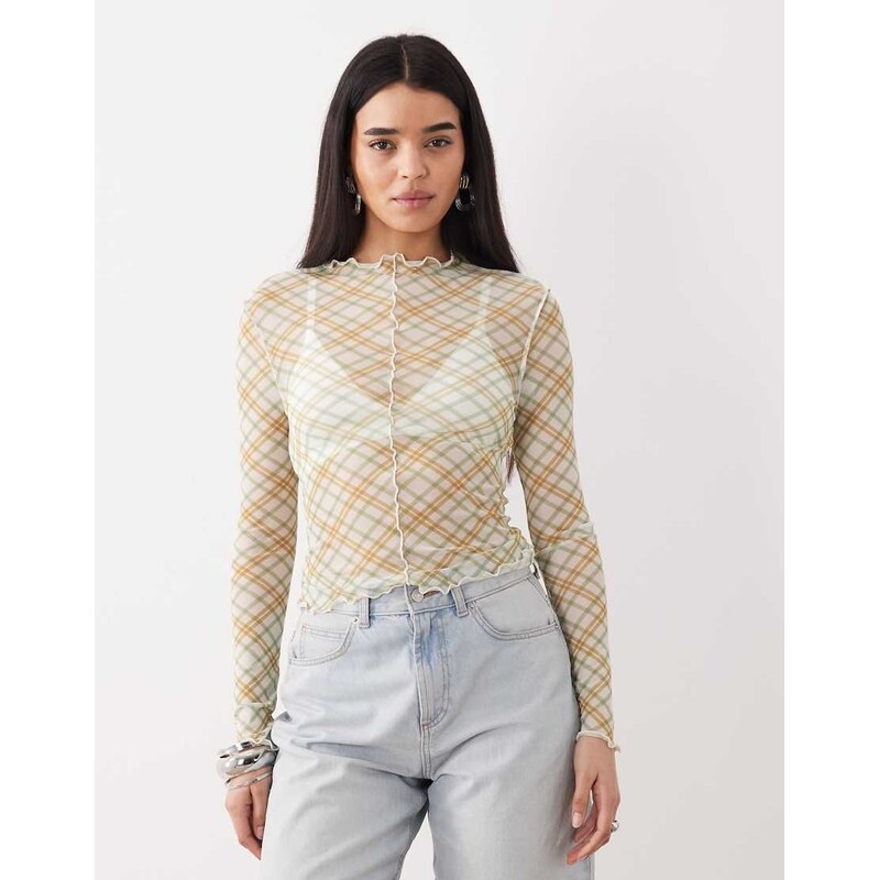 ASOS DESIGN mesh long sleeve lettuce hem top in green check-Multi 113880607