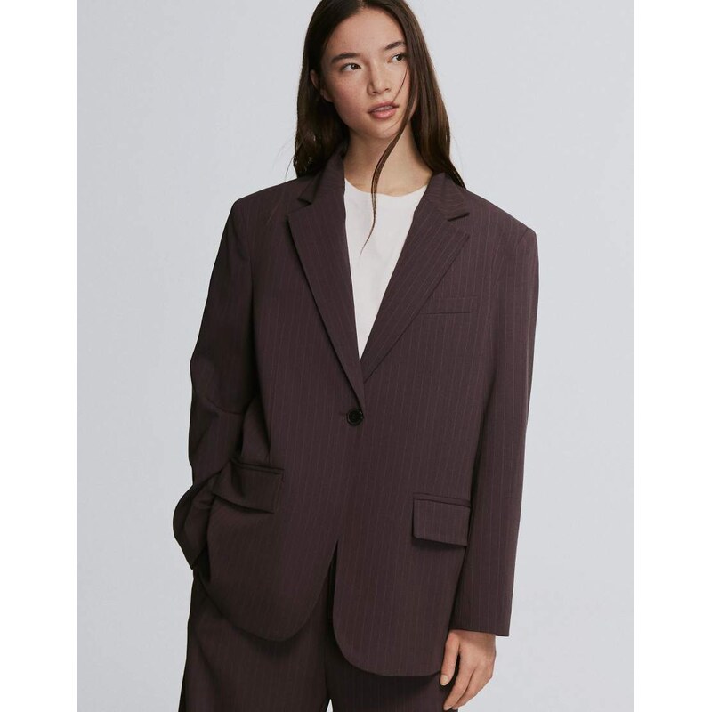 Bershka Striped double-breasted blazer in brown 113880605