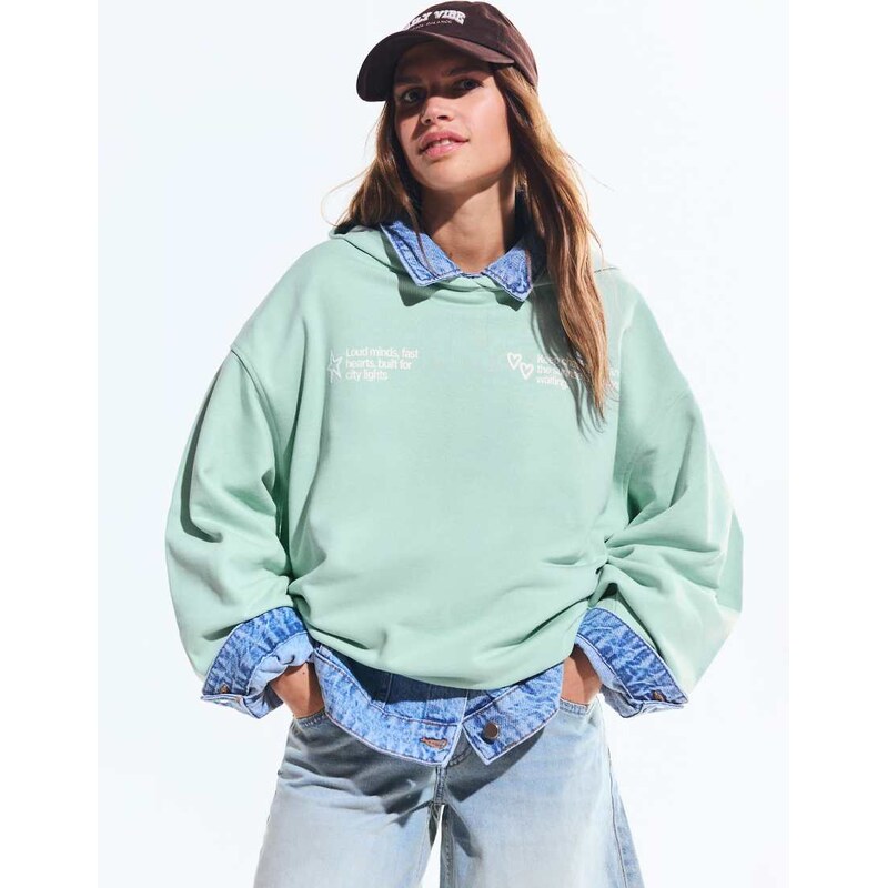 Bershka Printed hoodie in black-Green 113880604
