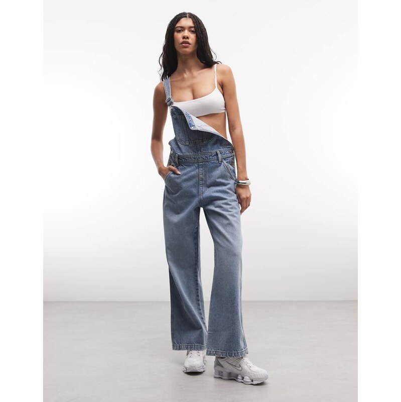Monki 90s denim wide leg dungaree jumpsuit in light blue wash