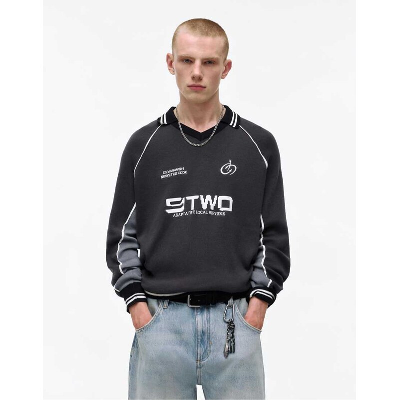 Pull&Bear Long sleeve stwd polo shirt in grey