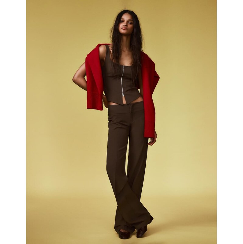 Bershka Low-rise cummerbund trousers in brown