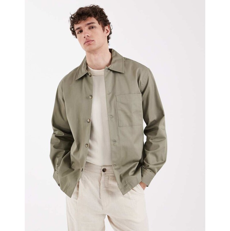 Selected 100% cotton overshirt in khaki-Grey