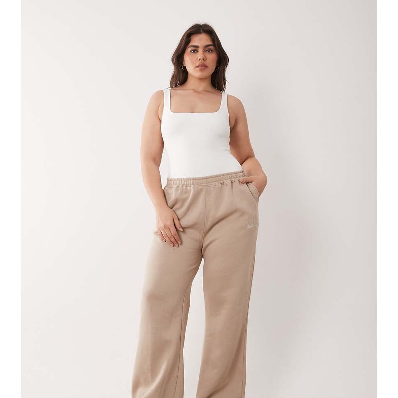 Kaiia Plus cotton blend wide leg joggers in stone-Neutral