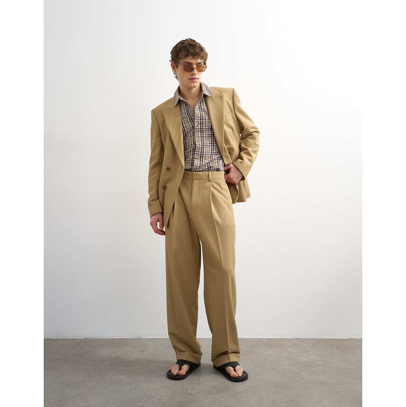 Topman relaxed twill suit trousers in beige-Neutral