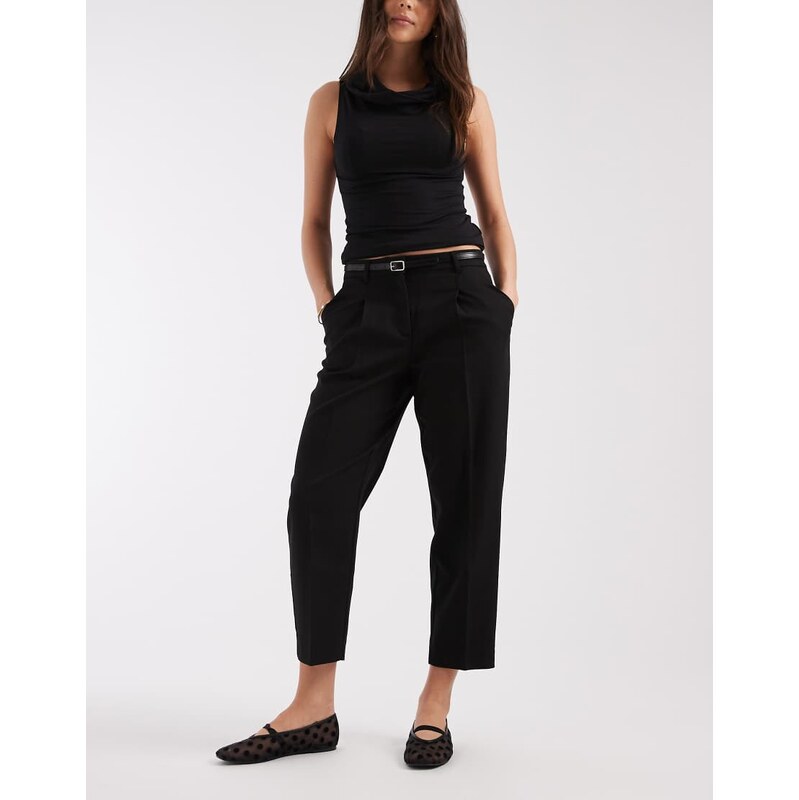 Vero Moda belted tailored barrel leg trousers in black