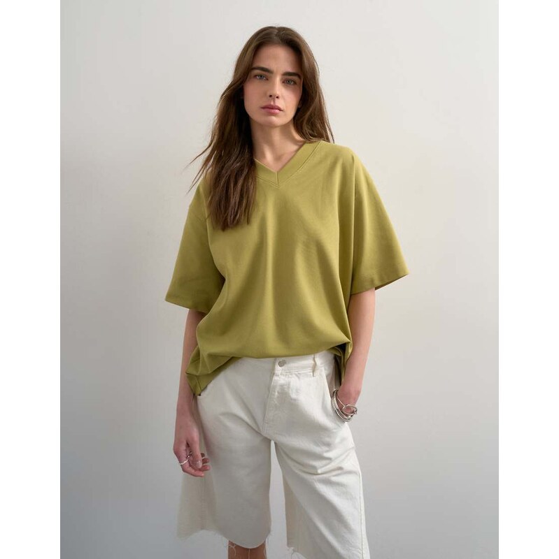 Topshop v-neck premium interlock tee in khaki-Green