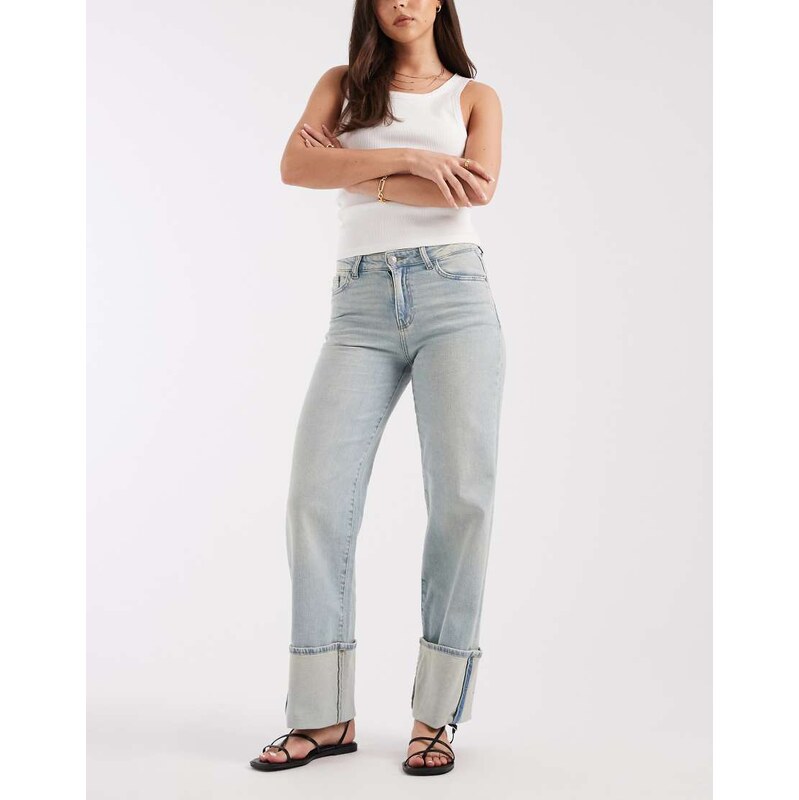 Pieces wide leg fold up jeans in light blue wash