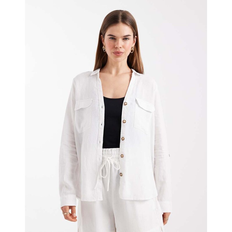 Vero Moda utility style pocket front linen blend shirt in white