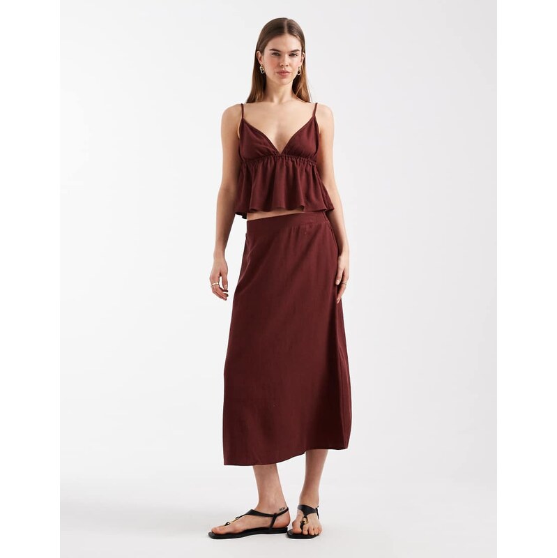 Vero Moda linen touch midi skirt co-ord in burgundy-Red