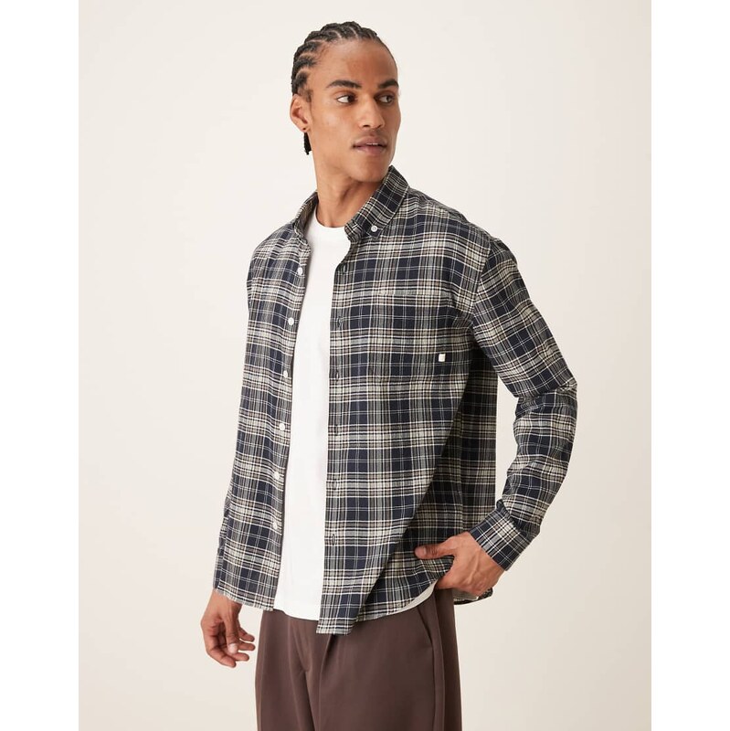 Farah Sands long sleeve flannel logo shirt in navy check