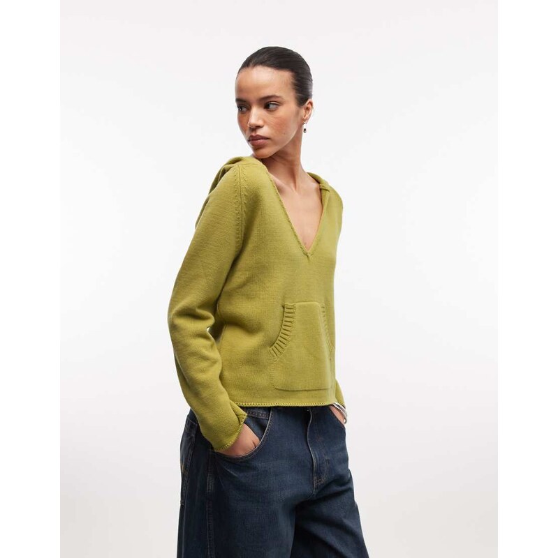 COLLUSION deep plunge long sleeve knitted hoodie in apple green 113881772