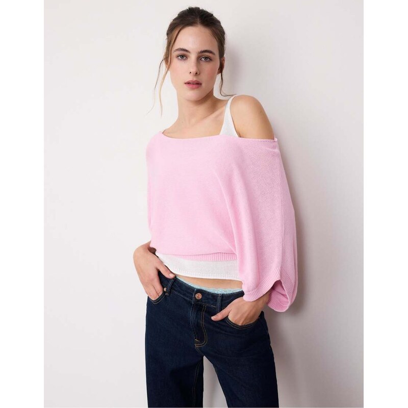 Stradivarius Boat neck knit jumper with overlay in pastel pink 113881828